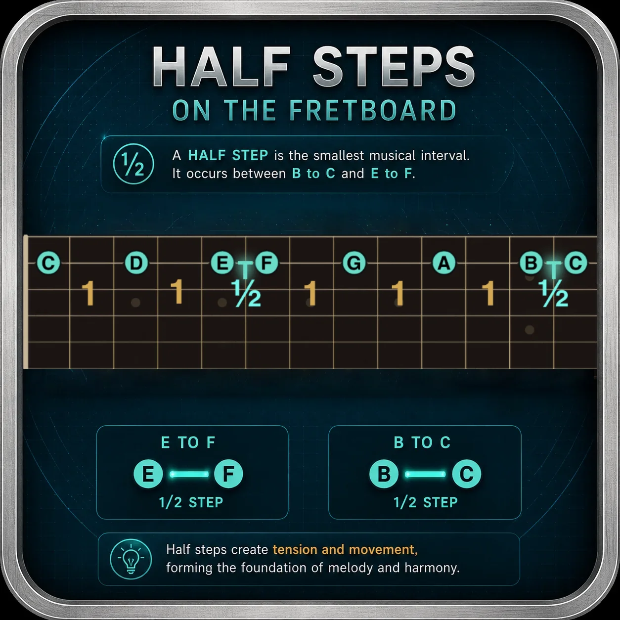 Fretboard diagram showing the half-step relationship between B and C and between E and F