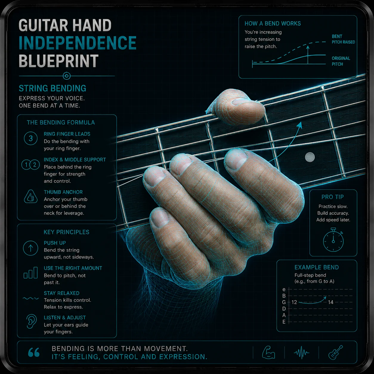Close-up of a hand mid-bend on the guitar neck — ring finger pushing a string upward supported by the middle and index fingers, visible string displacement