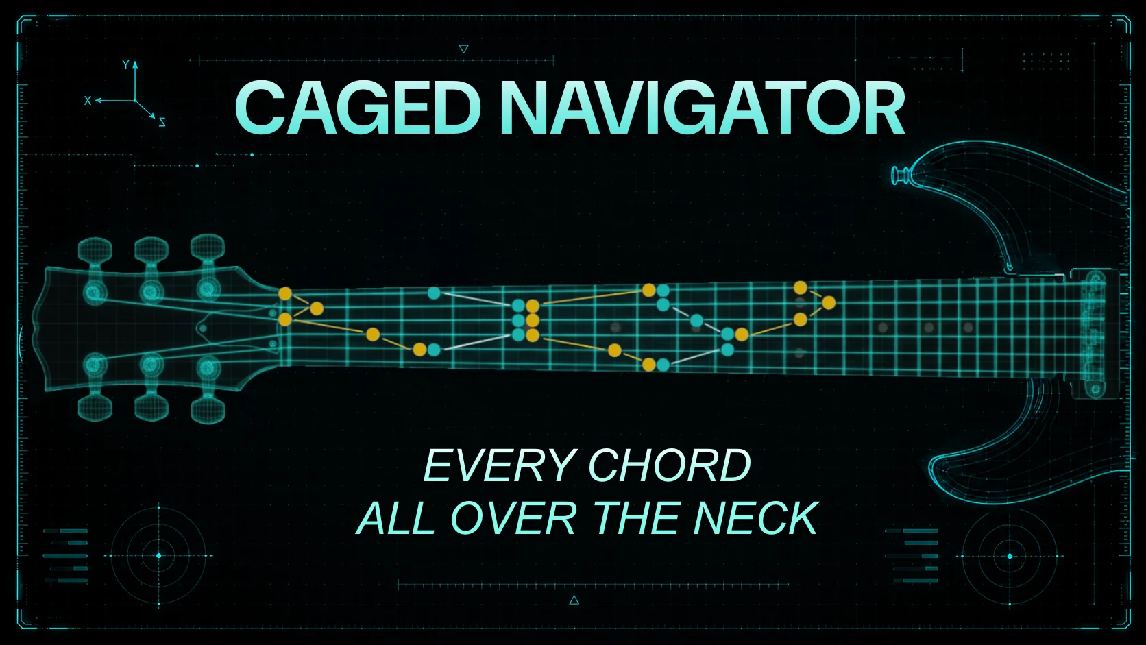 Interactive guitar fretboard showing CAGED chord shapes with highlighted note positions