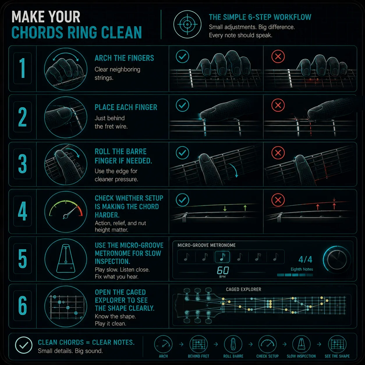 Simple graphic showing the six-stage clean chord workflow — finger arch, fret proximity, barre roll, setup check, slow metronome, chord visualizer