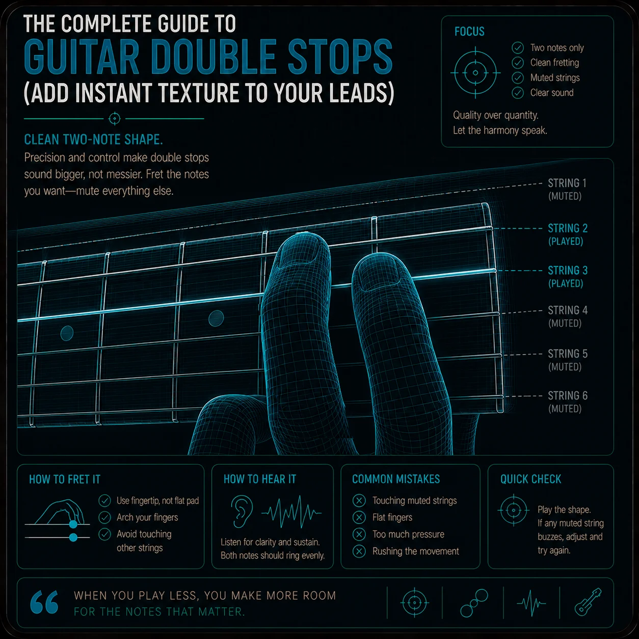 Extreme close-up of two fingers pressing a double stop on adjacent strings — fingertips arched cleanly, no contact with the strings above or below the target notes, surrounding strings quiet