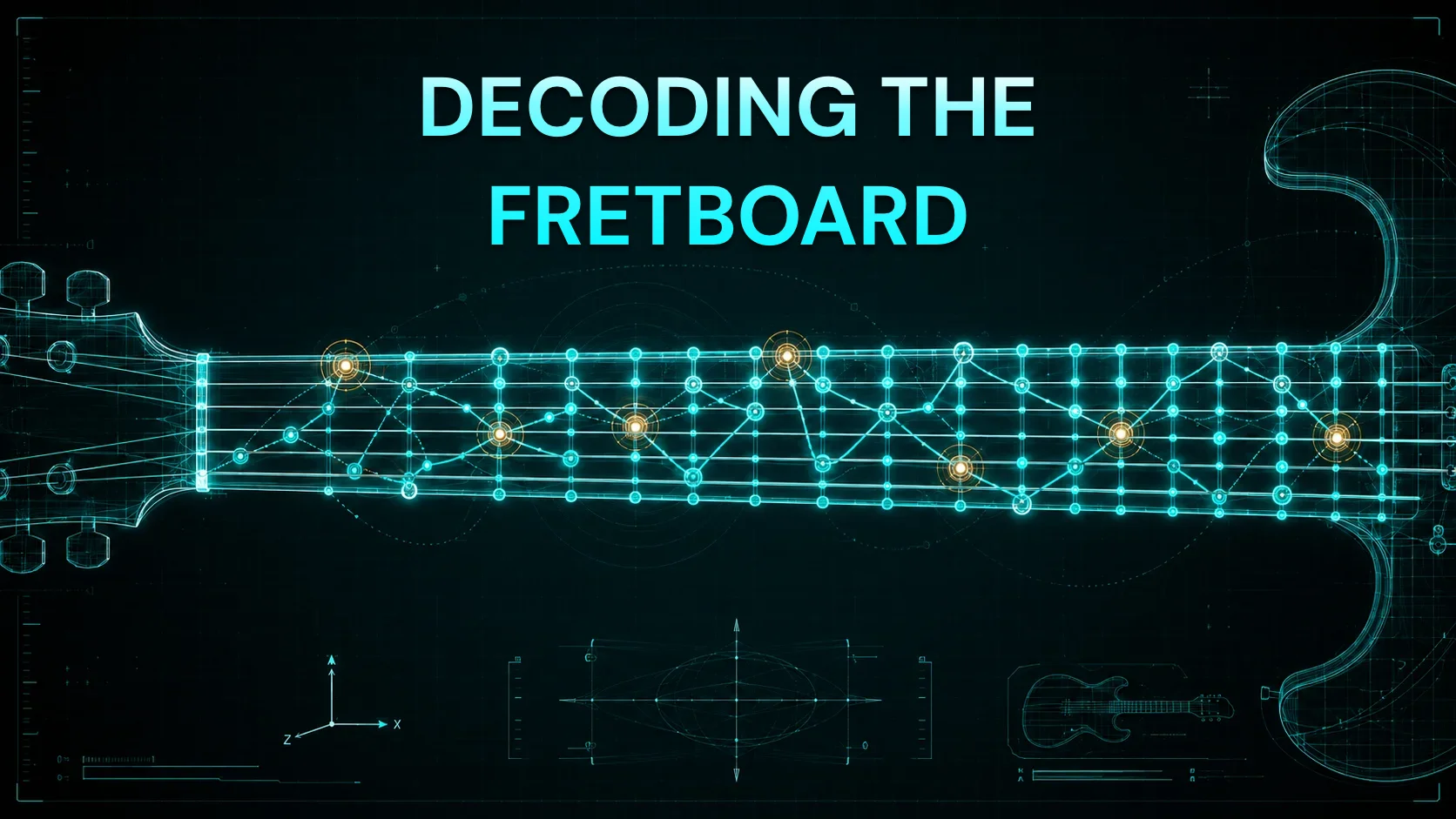 Guitar fretboard with scale notes highlighted showing interval relationships across the neck