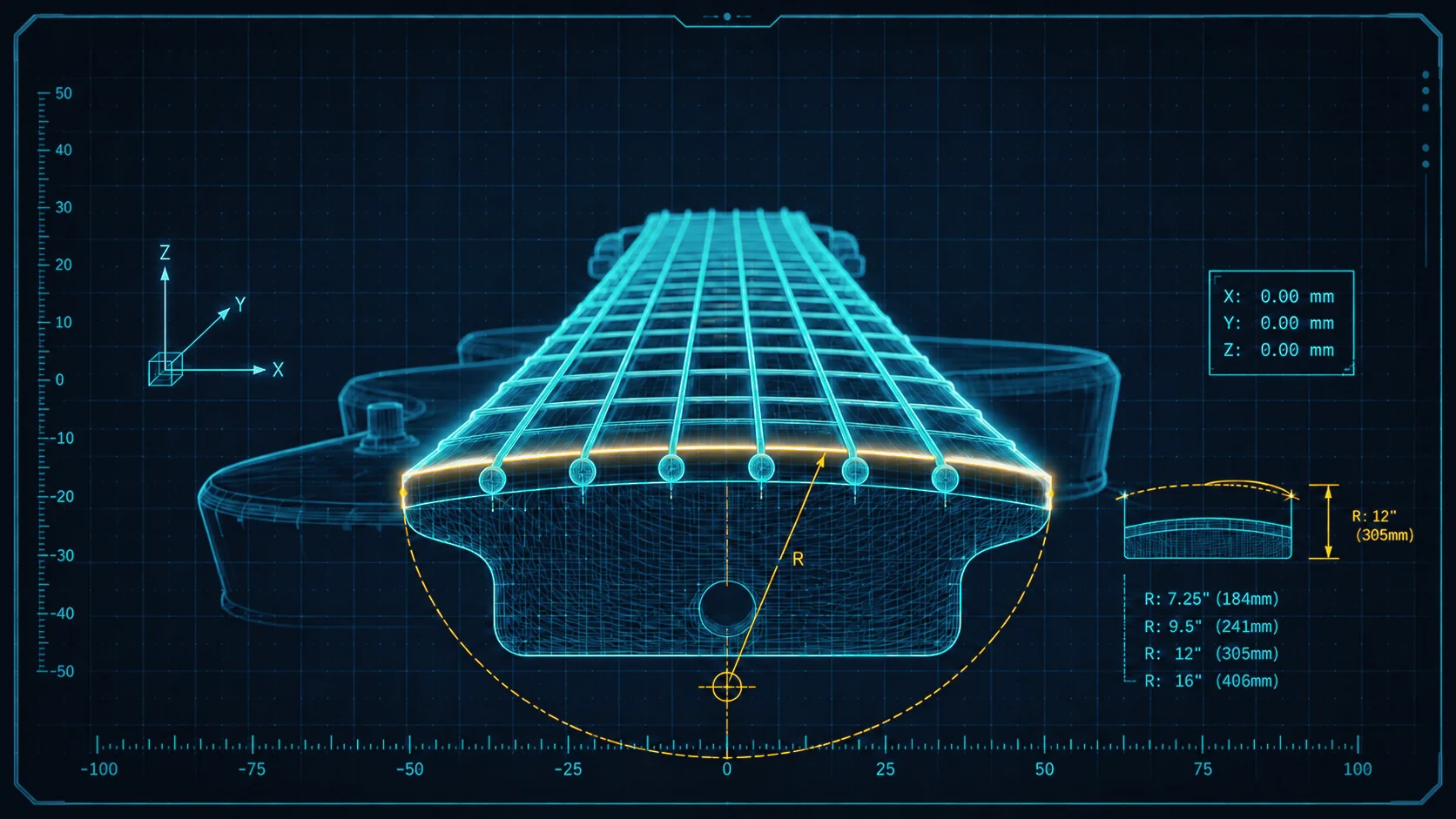 Fretboard radius curve showing string positions across the arc
