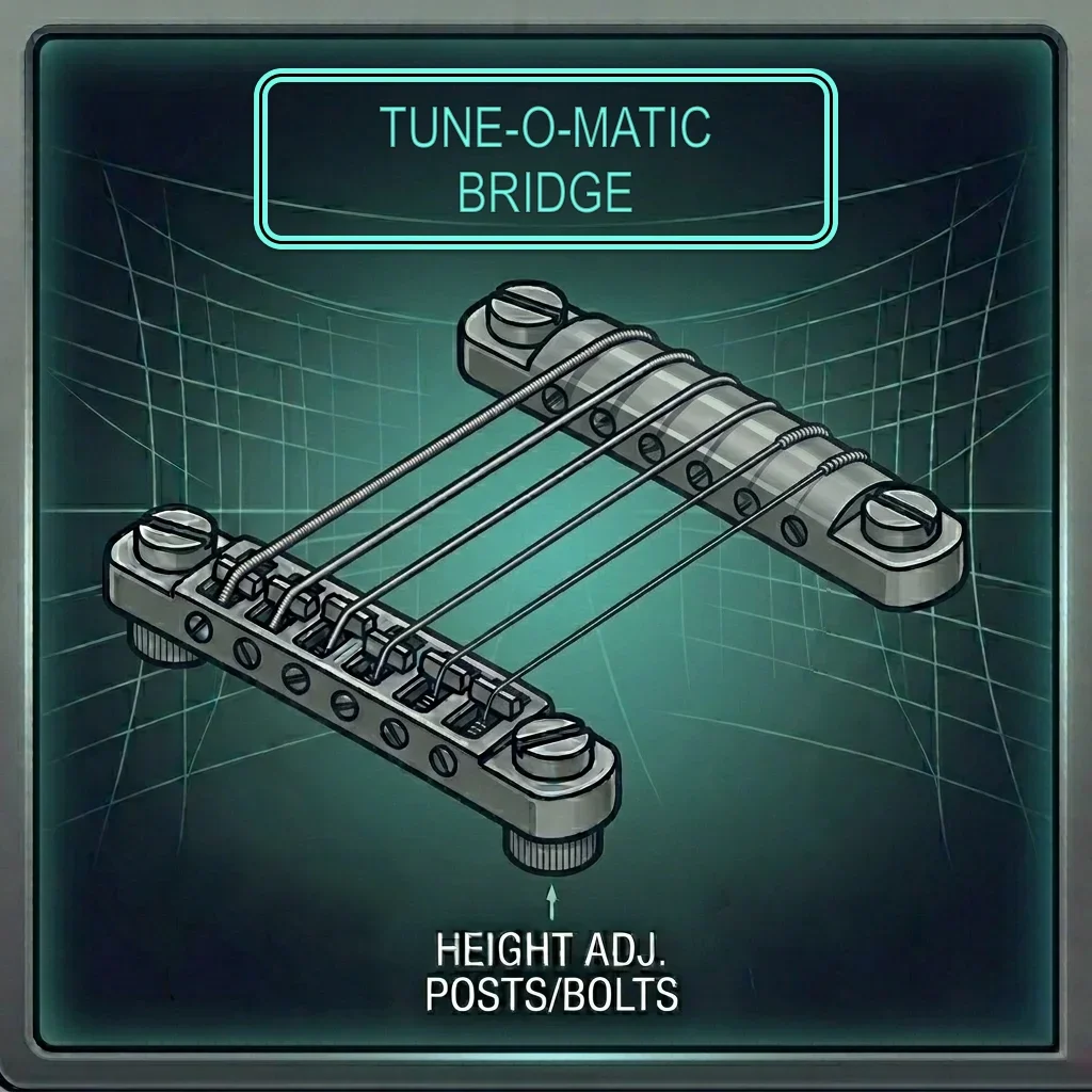 Tune-O-Matic bridge showing thumbwheel height adjustment posts