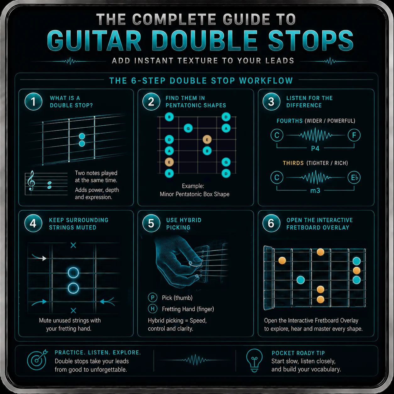 Simple graphic showing the six-stage double stops workflow — two-note shape, pentatonic box, interval labels, muting arrows, hybrid picking hand, and fretboard overlay