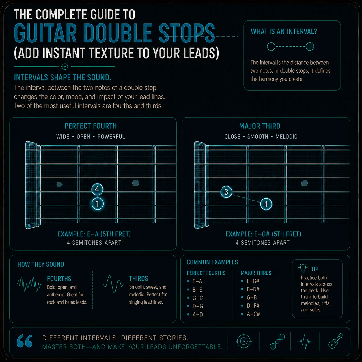 Side-by-side fretboard close-up showing two different two-note shapes — one a perfect fourth interval, one a major third — the distance between the notes visually distinct between the two