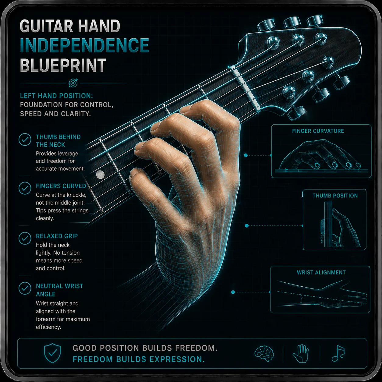Close-up of a fretting hand in correct position on the guitar neck — thumb behind the neck, fingers curved and arched, relaxed wrist angle