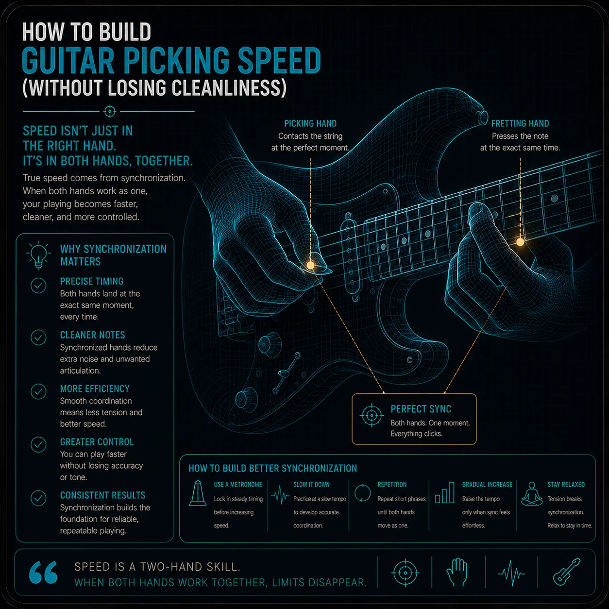 Both hands on the guitar captured mid-note — fretting and picking hand landing in sync, suggesting the coordination that makes clean fast playing possible