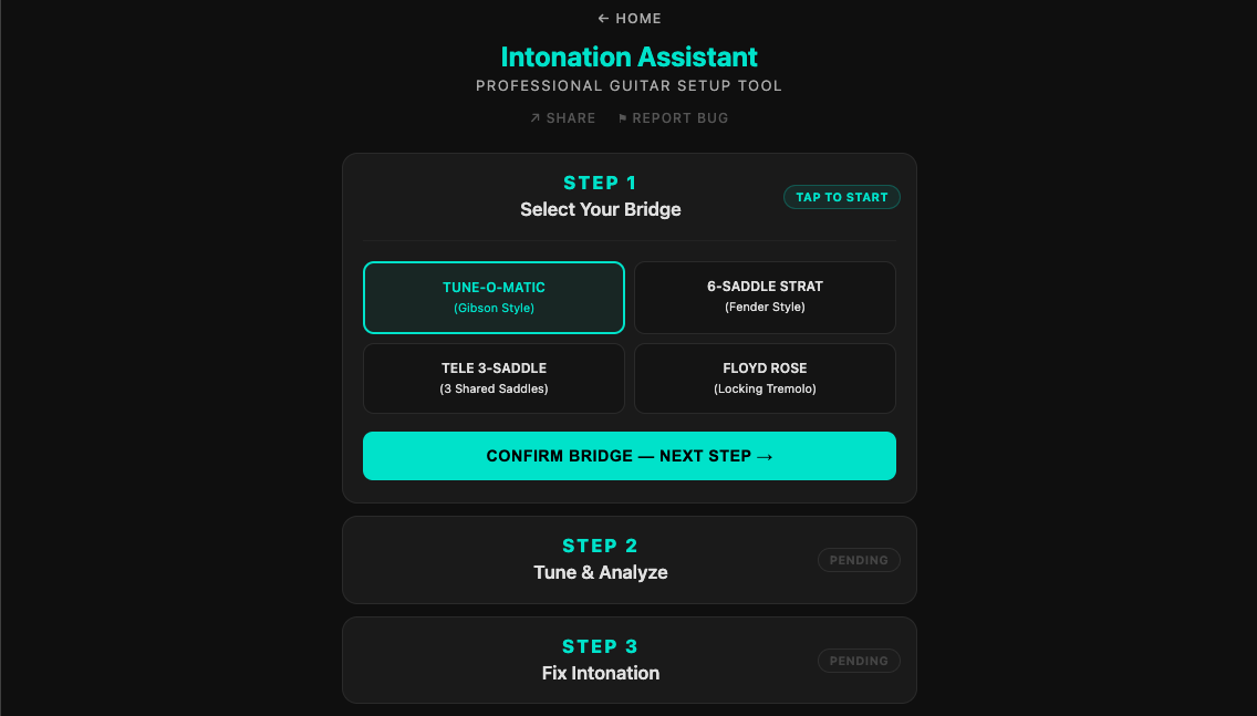 Pocket Luthier Intonation Assistant — Step 1 bridge selection screen
