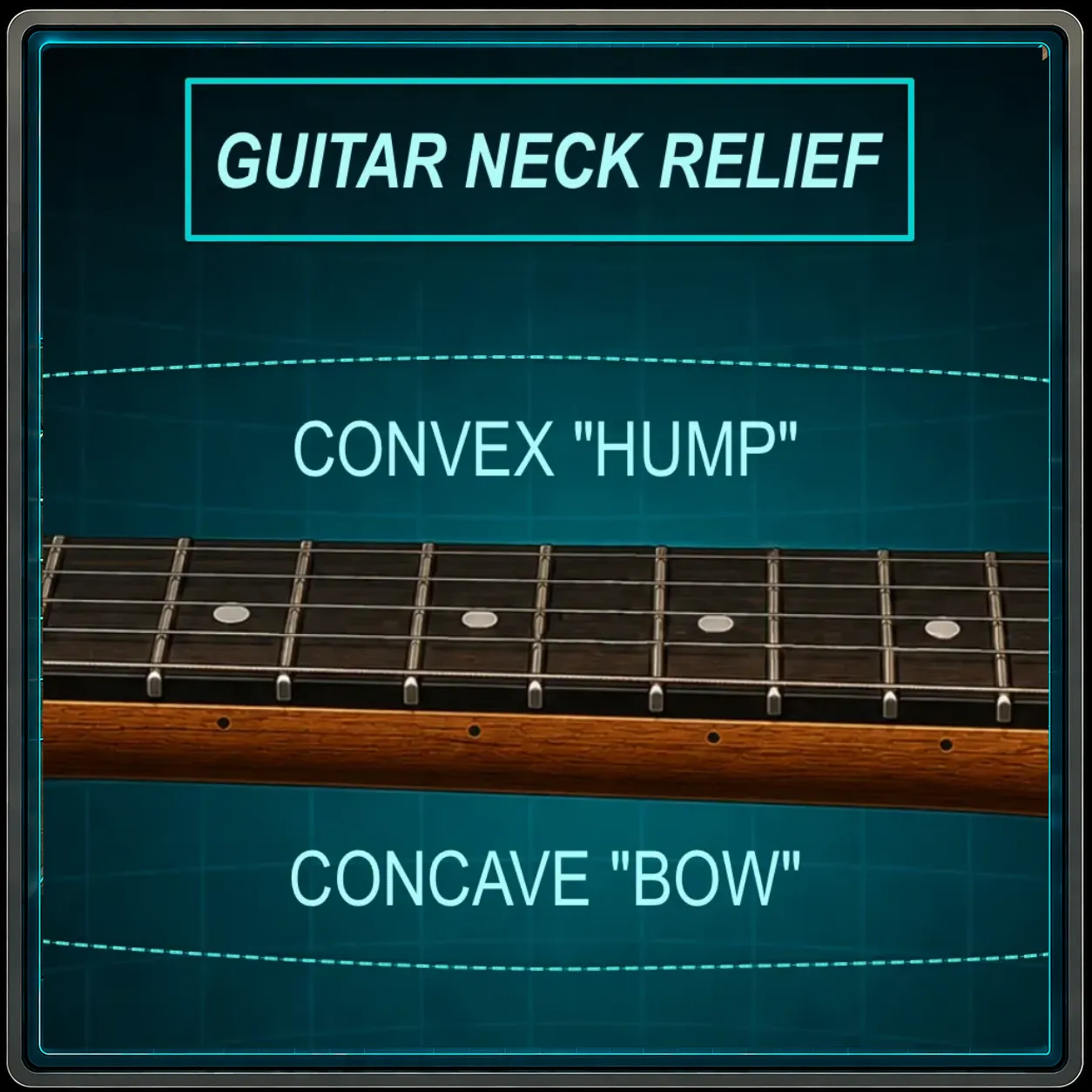 Close-up of guitar neck showing bow from a string gauge change