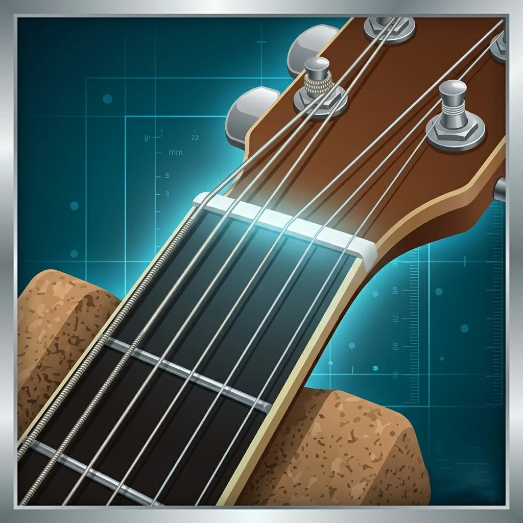 Close-up of a guitar nut showing string slots and the gap between strings and the 1st fret.