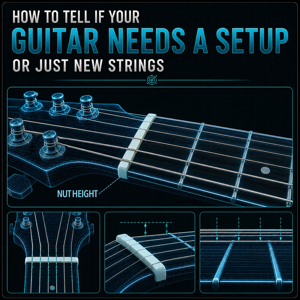 Close-up of a guitar nut showing string height above the first fret