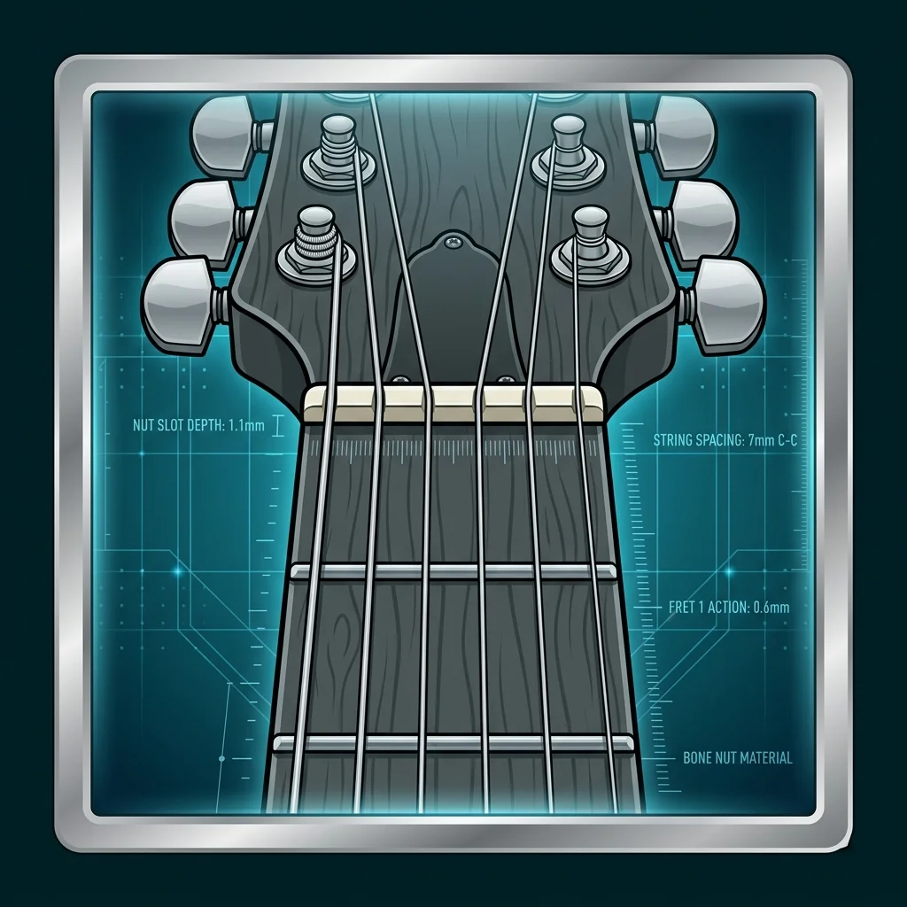 Guitar nut slot depth check — evaluating string height at the first fret