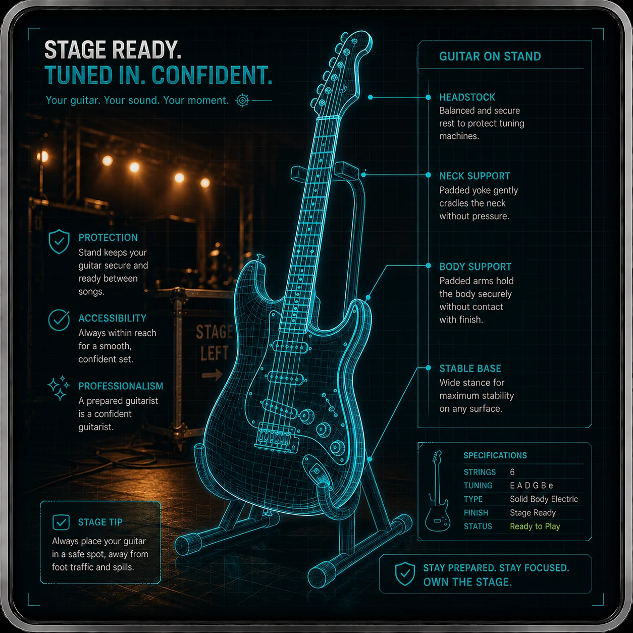 A guitar resting on a stand on stage before a show — out of the case early, acclimating to the room temperature and humidity before tuning up