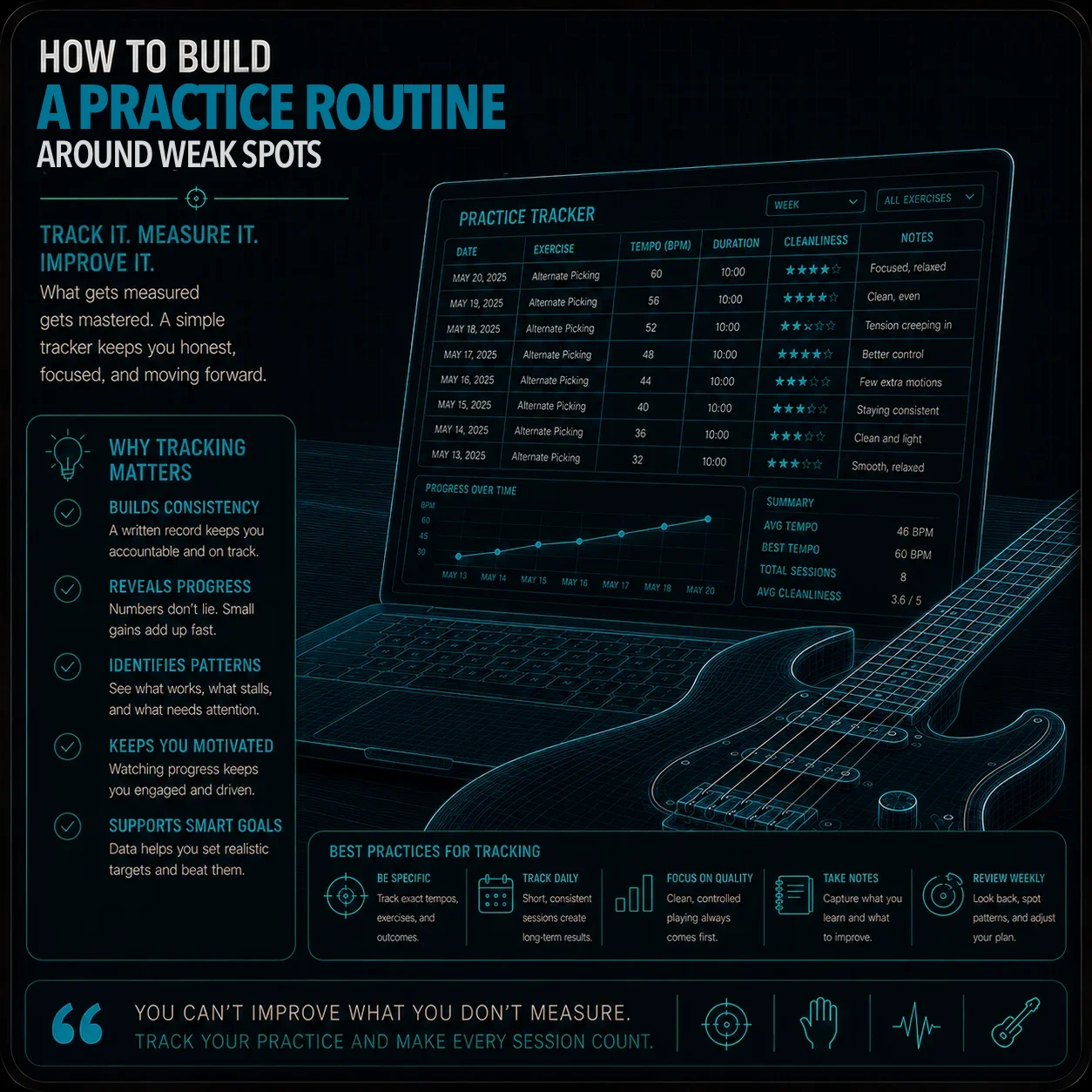 Guitar Practice Tracker interface showing logged sessions, tempo progress, and weak spot tracking