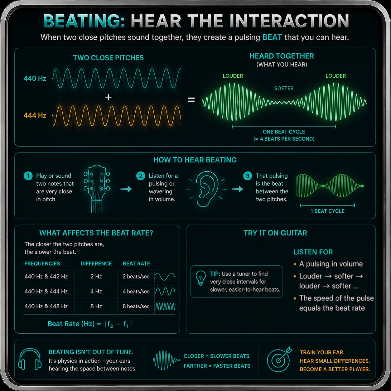 Diagram showing the beating phenomenon when two pitches are close but not perfectly in tune