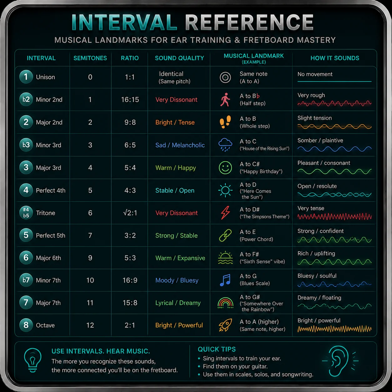 Reference chart showing common musical intervals and their characteristic sounds
