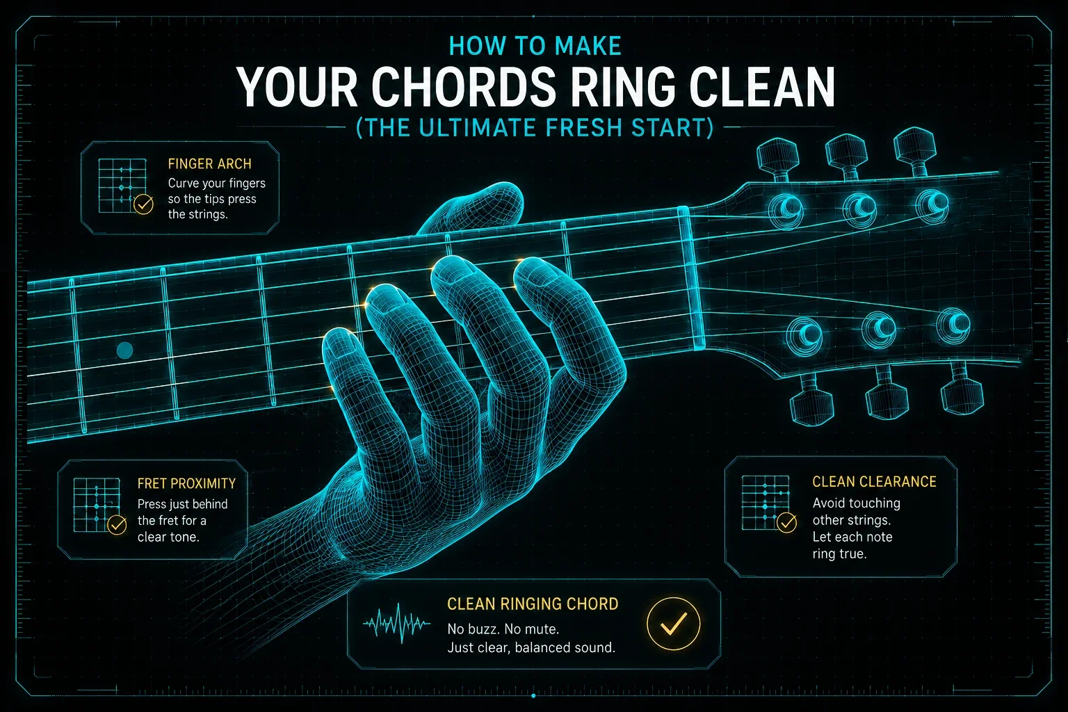 A fretting hand forming a chord cleanly on the guitar neck — fingers visibly arched, each fingertip pressing cleanly, clear space between fingers and neighboring strings