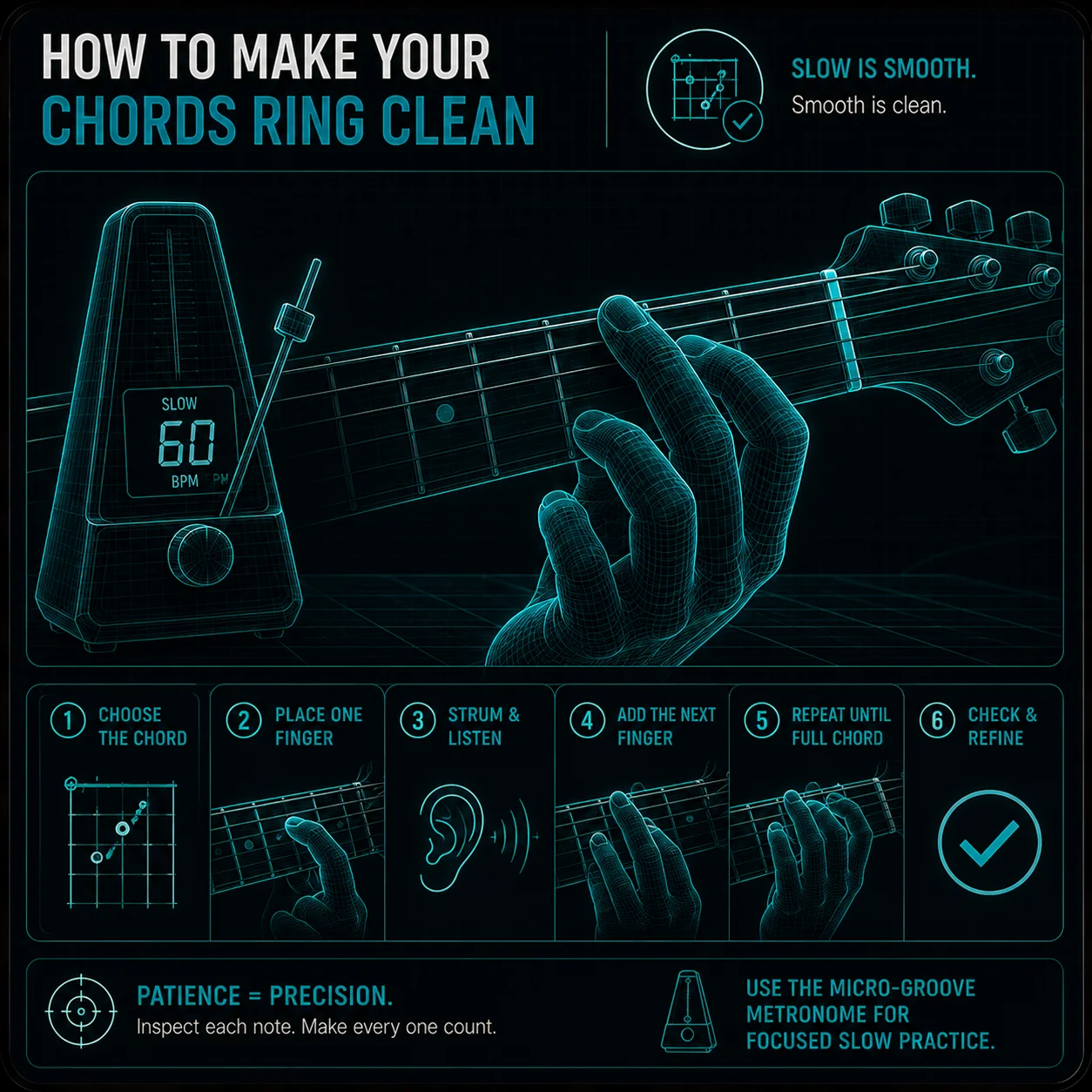 A guitarist's fretting hand forming a chord slowly, one finger at a time — methodical and inspecting rather than rushing, metronome visible nearby