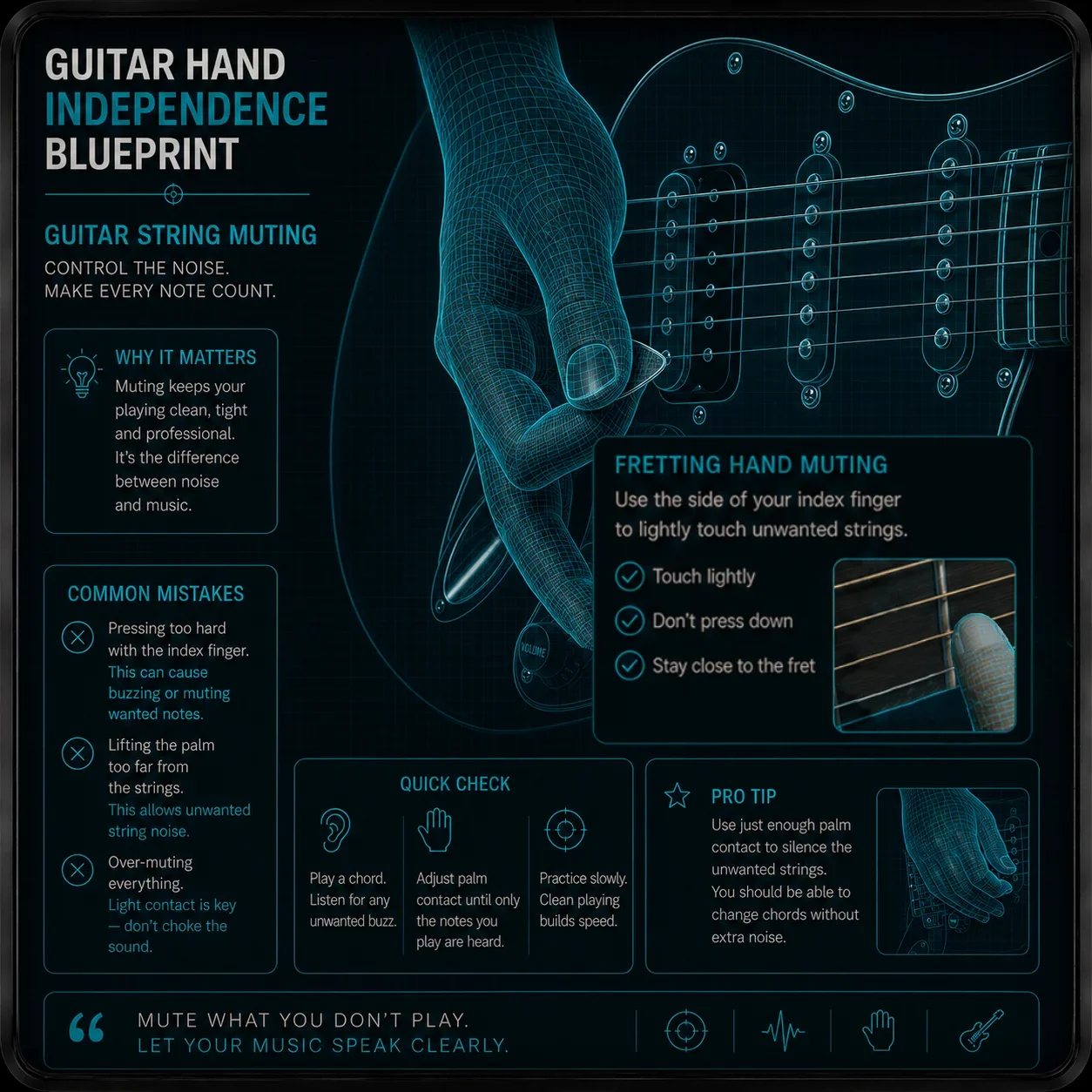 Guitar neck from player's perspective showing both hands — fretting hand lightly touching unwanted strings, picking hand palm near the bridge for muting control
