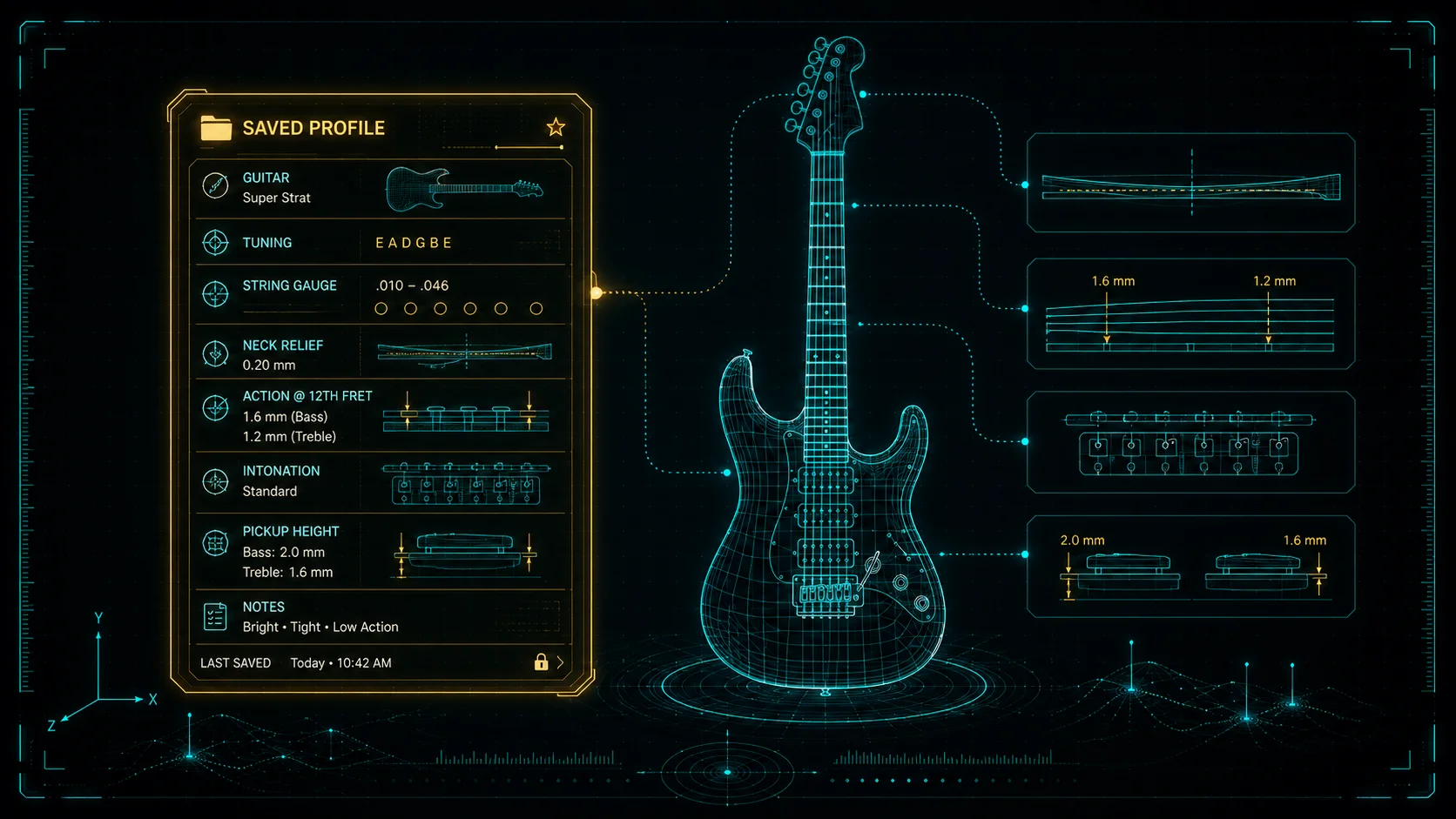 A saved spec sheet for a guitar setup