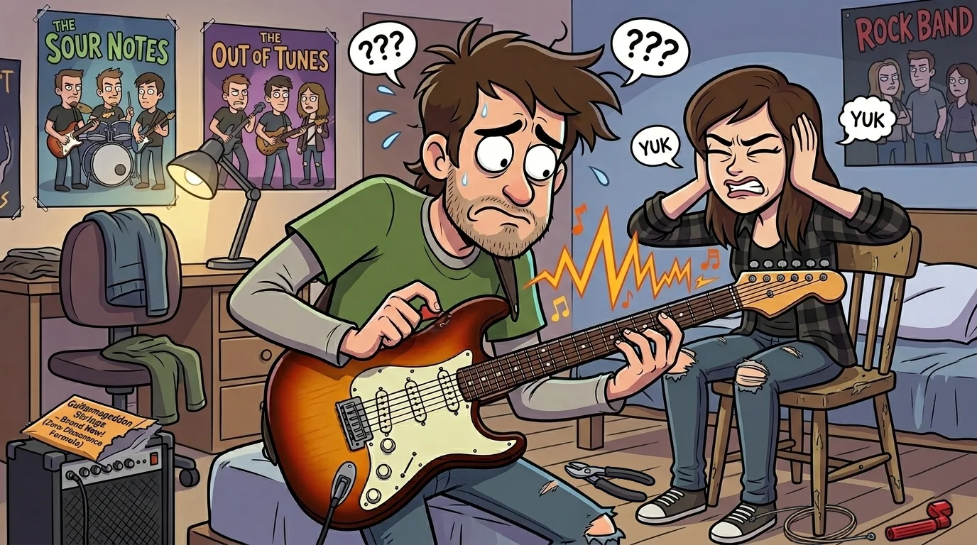 Guitarist frustrated that new guitar strings sound out of tune after installation