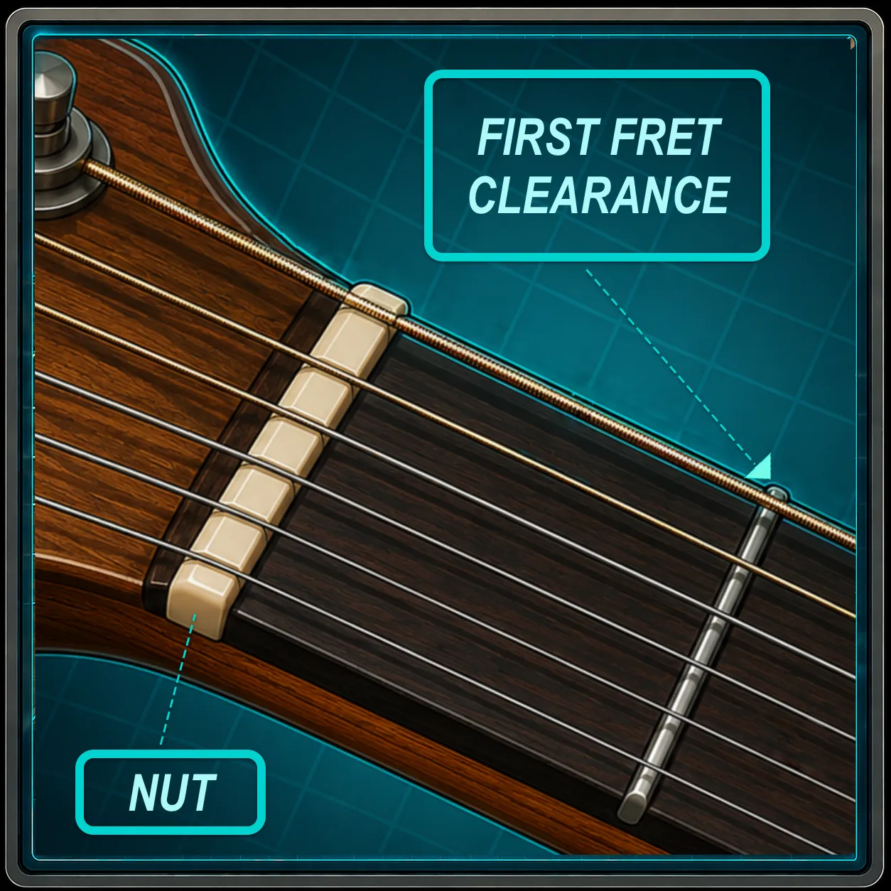 Close-up of a guitar nut showing string clearance above the first fret