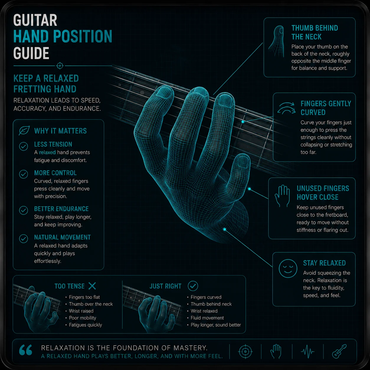 Full fretting hand in a relaxed playing position — thumb behind the neck, fingers gently curved, unused fingers hovering close to the fretboard