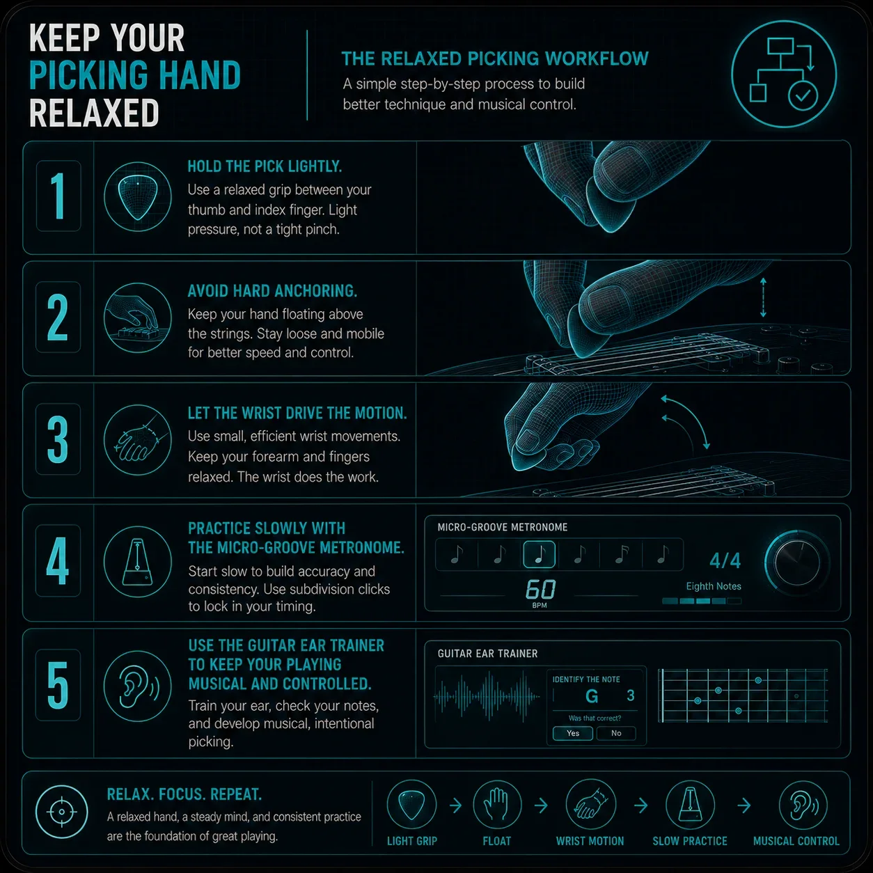 Clean graphic showing the five-stage picking hand workflow — light grip, floating hand, wrist rotation, slow metronome, ear training