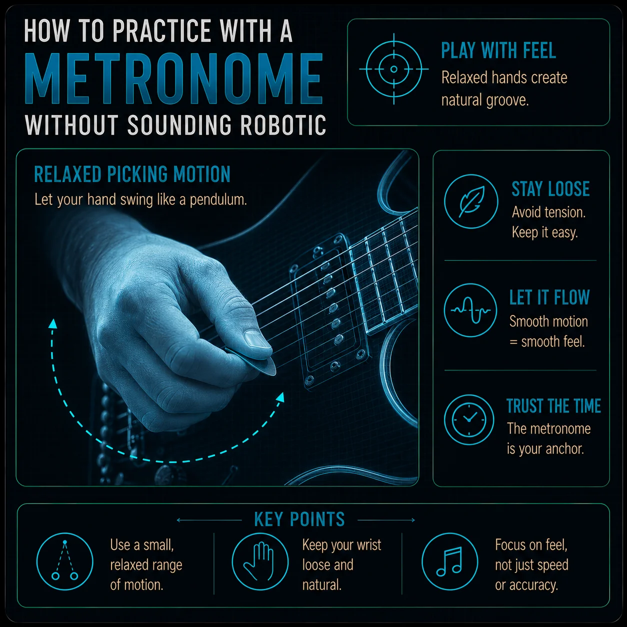 Relaxed strumming hand position for better rhythmic feel