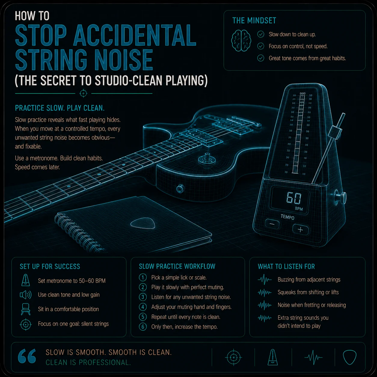 A guitar and metronome on a practice surface set to a slow tempo — calm and deliberate atmosphere suggesting the kind of unhurried practice that reveals unwanted string noise
