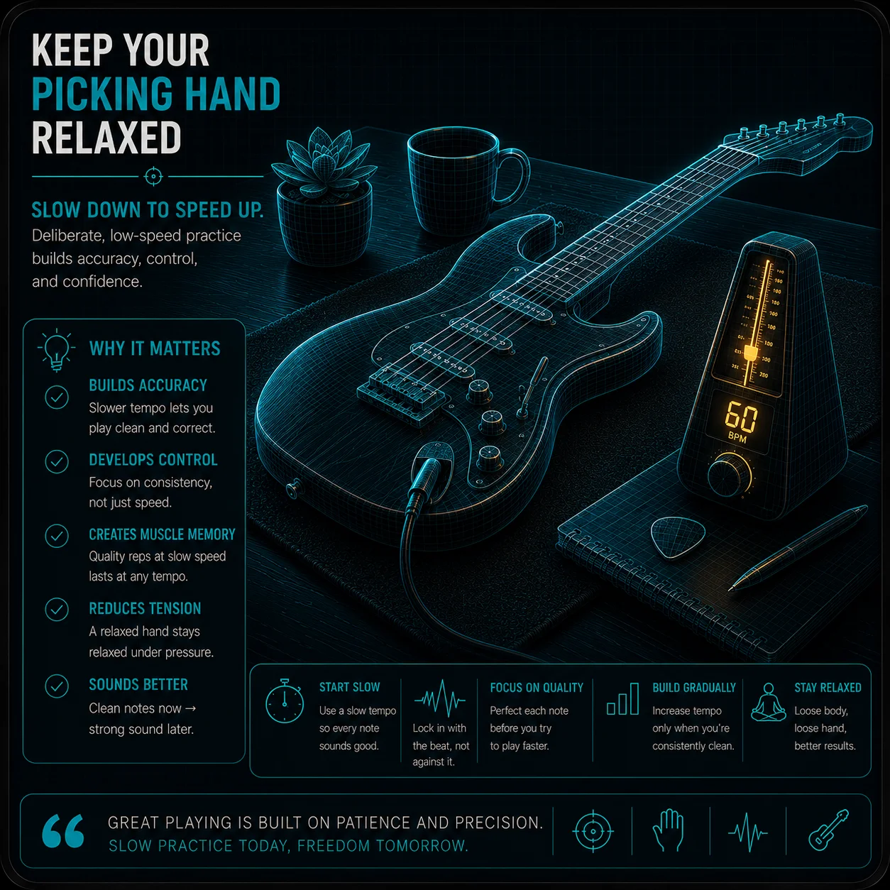 A guitar and metronome on a practice surface — the metronome set to a slow tempo, suggesting deliberate low-speed practice
