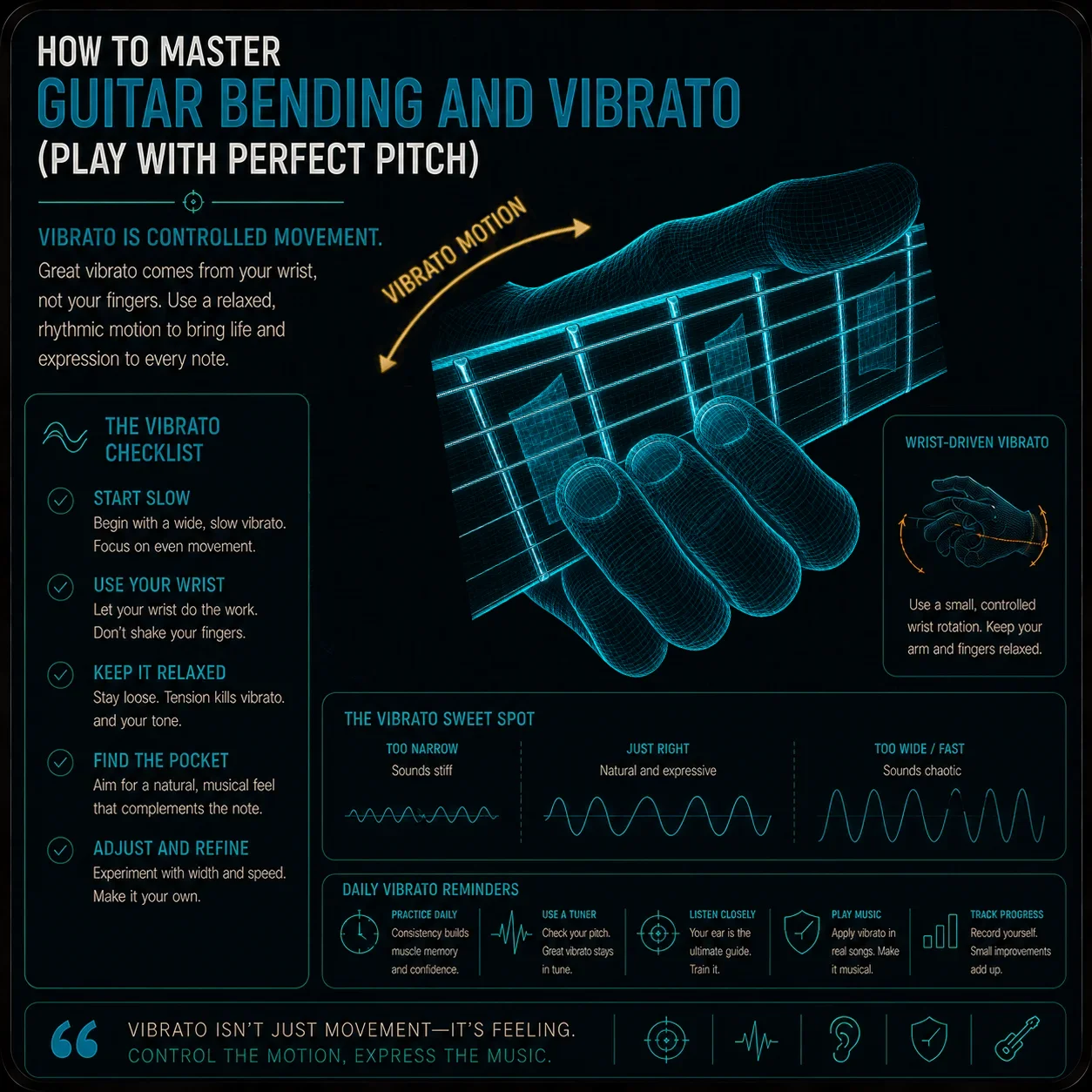 Close-up of a fretting hand mid-vibrato — one finger on a string with the wrist in a slightly rotated position, the string showing a tiny amount of controlled displacement suggesting a steady wave motion