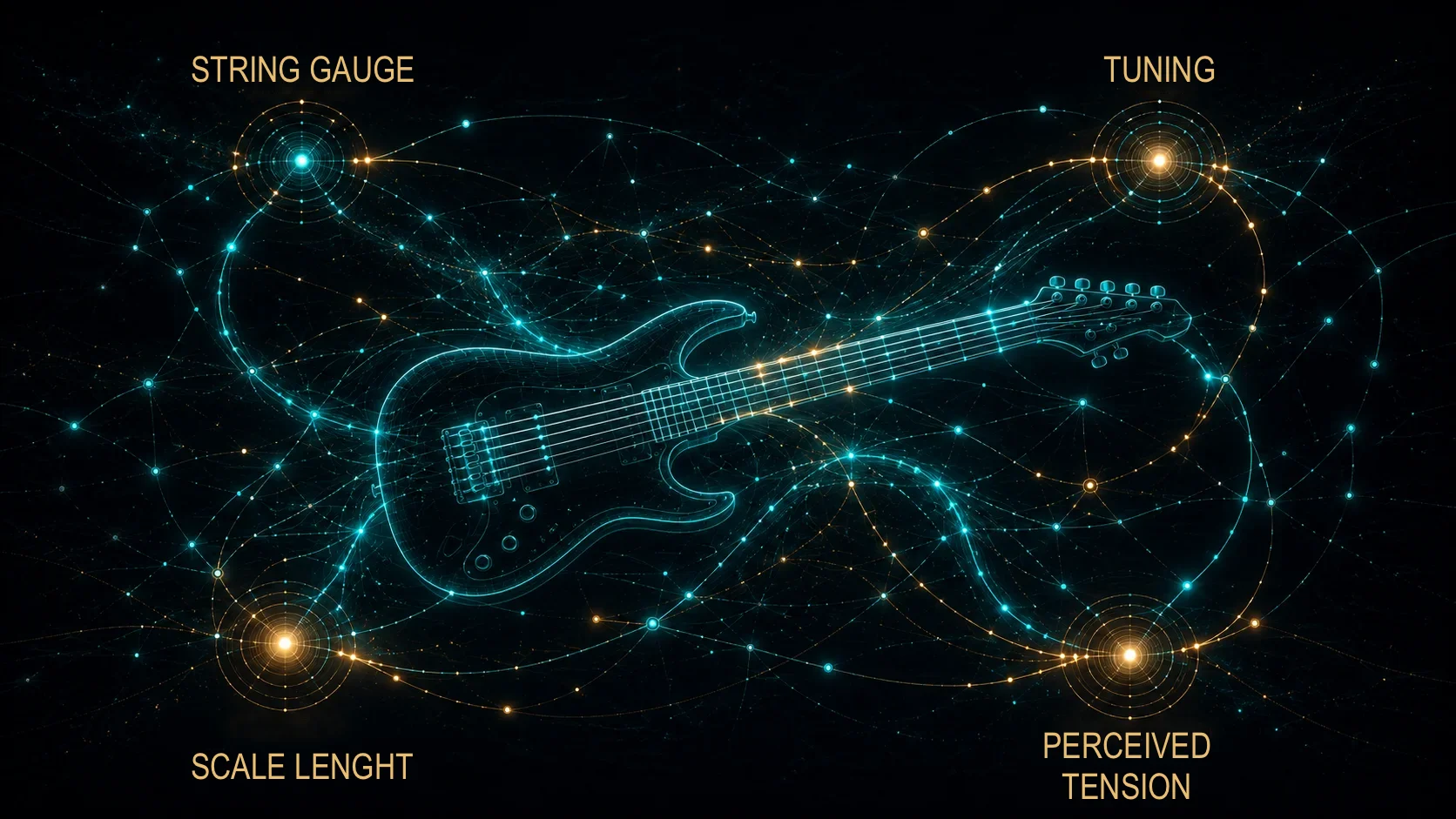 Guitar strings under tension across the fretboard