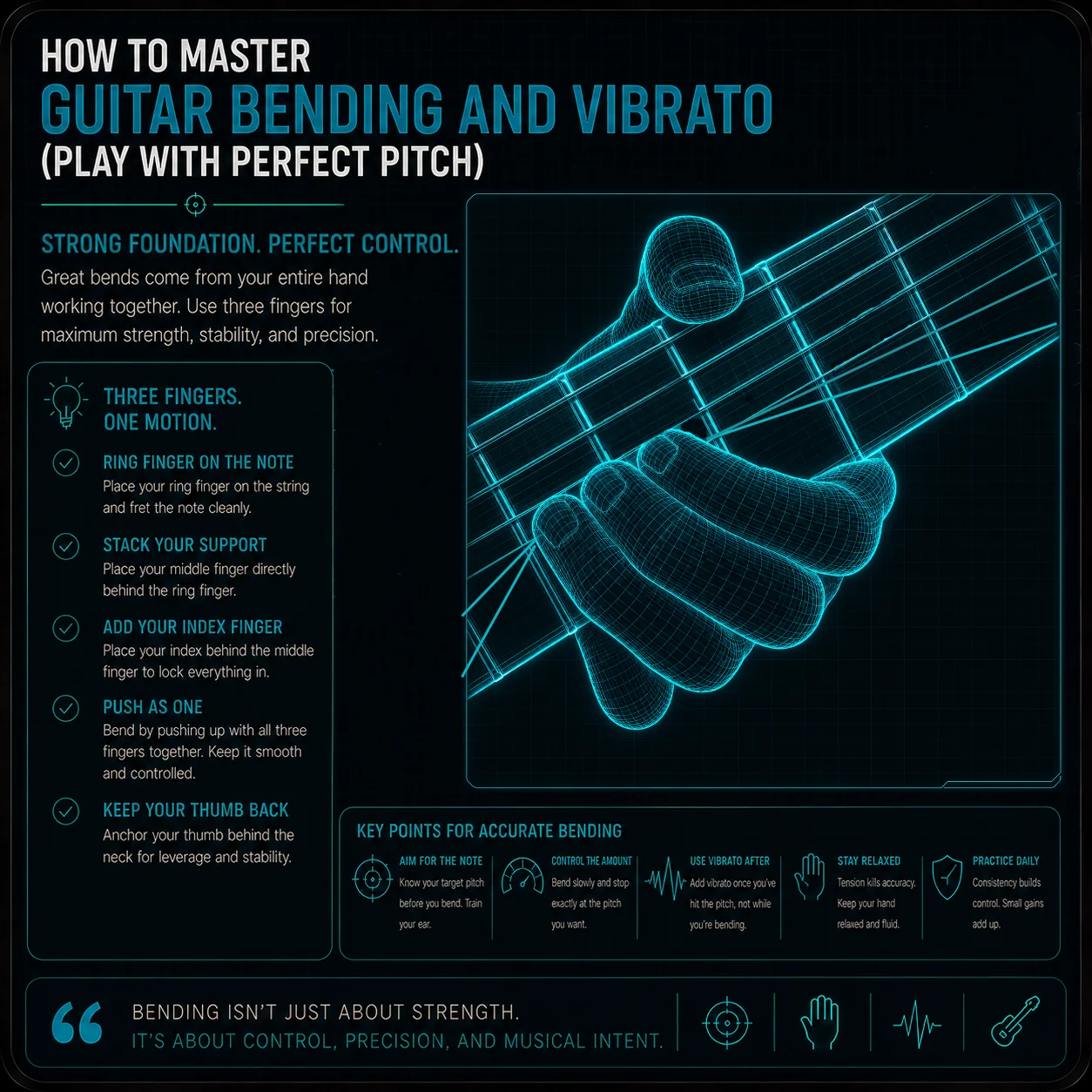 Close-up of three fingers on a guitar string in a bending position — ring finger on the note, middle and index fingers stacked behind for support, all three pushing upward together, string visibly bent away from rest