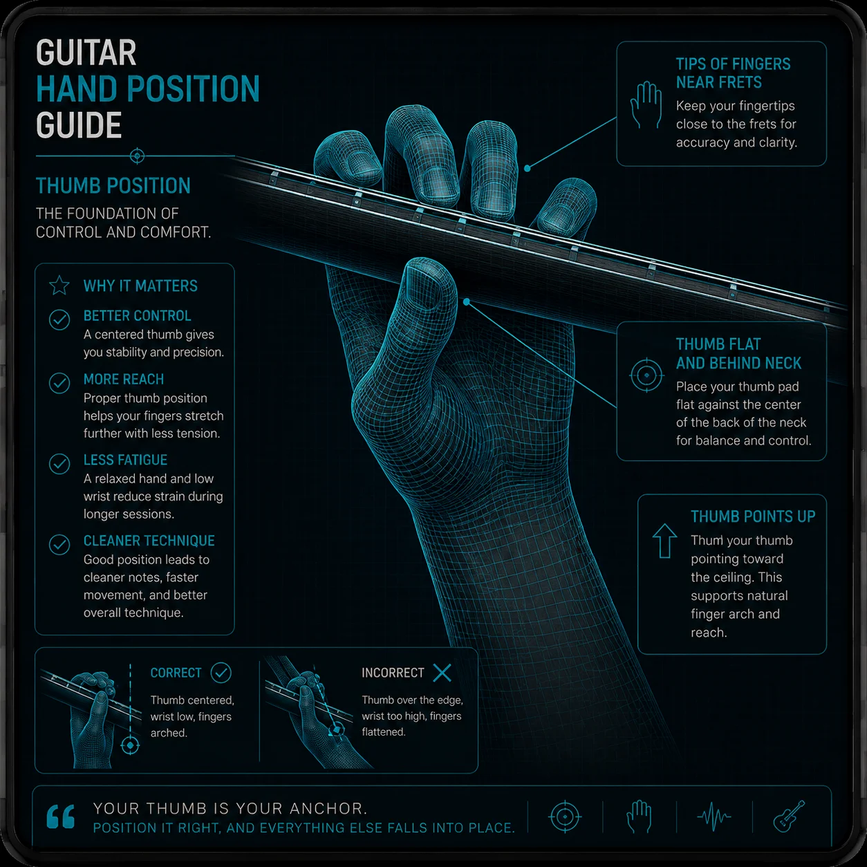 Close-up of a left hand on the back of a guitar neck — thumb pad flat against the center of the neck pointing toward the ceiling, wrist dropped low, fingers arching upward