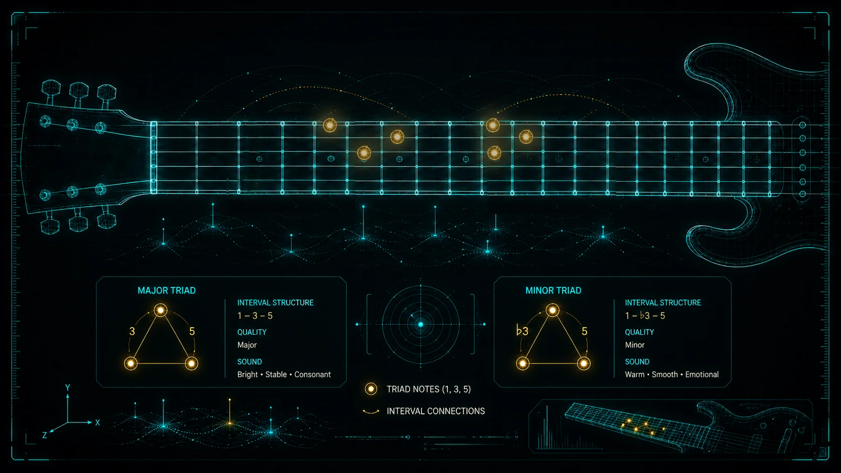 Guitar fretboard showing major and minor triad shapes side by side across the neck